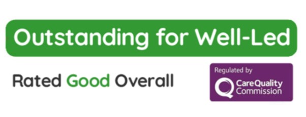 A green and purple banner indicating a healthcare facility's ratings, with "outstanding for well-led" and "rated good overall" next to the logo of the care quality commission.