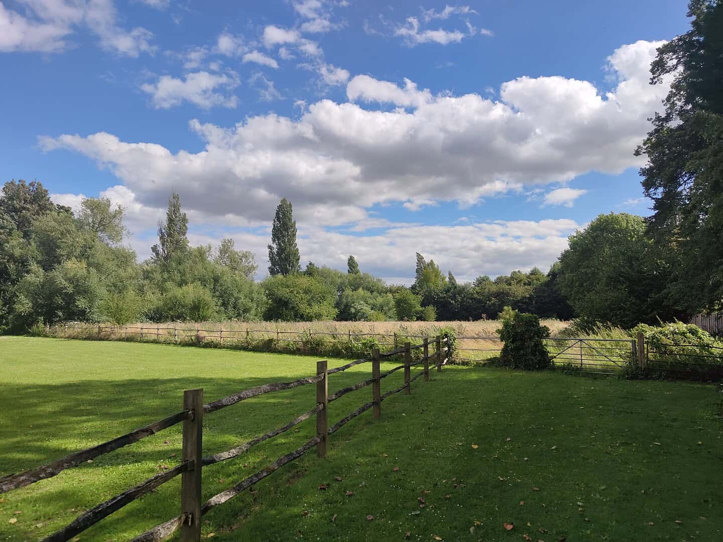 A scenic view of a grassy field with a wooden fence, trees, and a partly cloudy sky. The lush green landscape stretches towards a horizon of trees, creating a peaceful rural setting.
