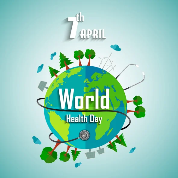 Illustration of a globe with trees, wind turbines, and solar panels symbolizing Hopeful Futures. A stethoscope encircles the Earth. Text reads "World Health Day" and "7th April" in white on a light blue background, highlighting Healthy Beginnings for all.